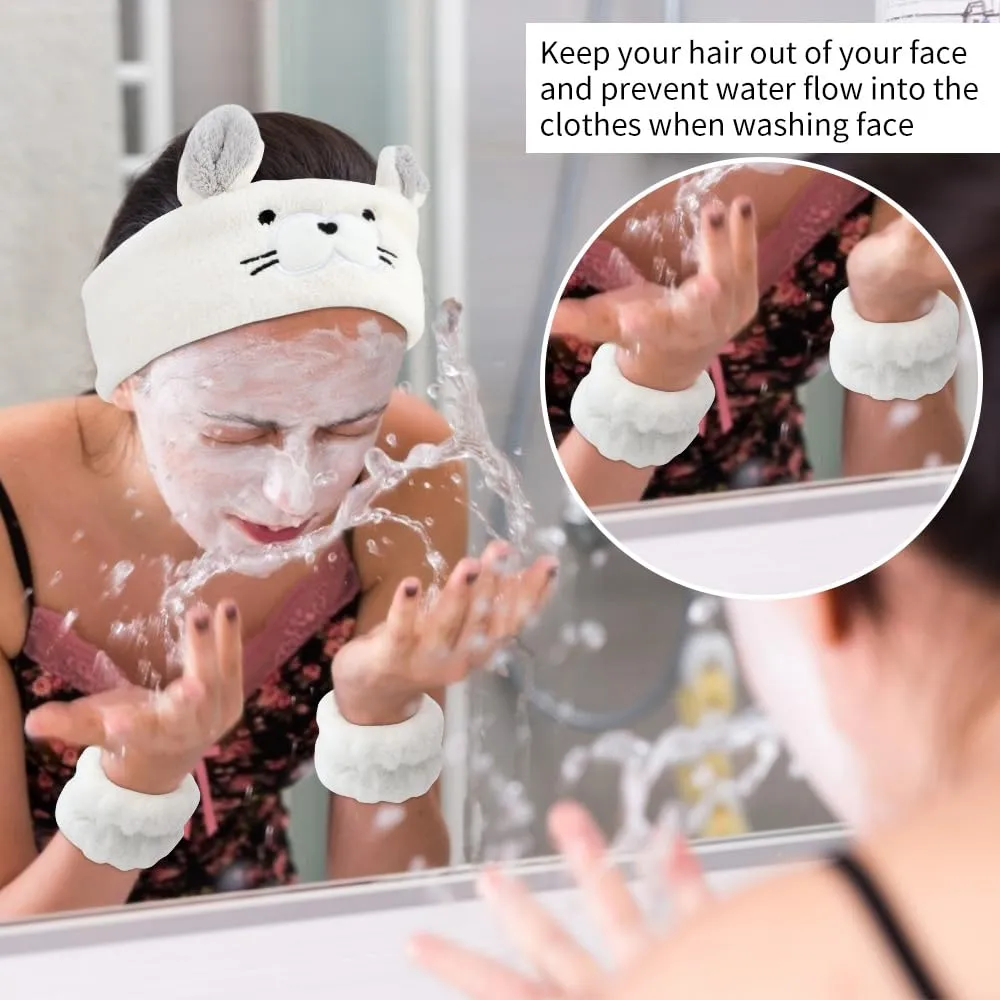 AHONEY Face Wash Headband and Wristband Set, Cute Makeup Spa Skincare Headbands Wrist Bands for Washing Face Headband for Women Girls Elastic Animal Hair Band (White&Grey)