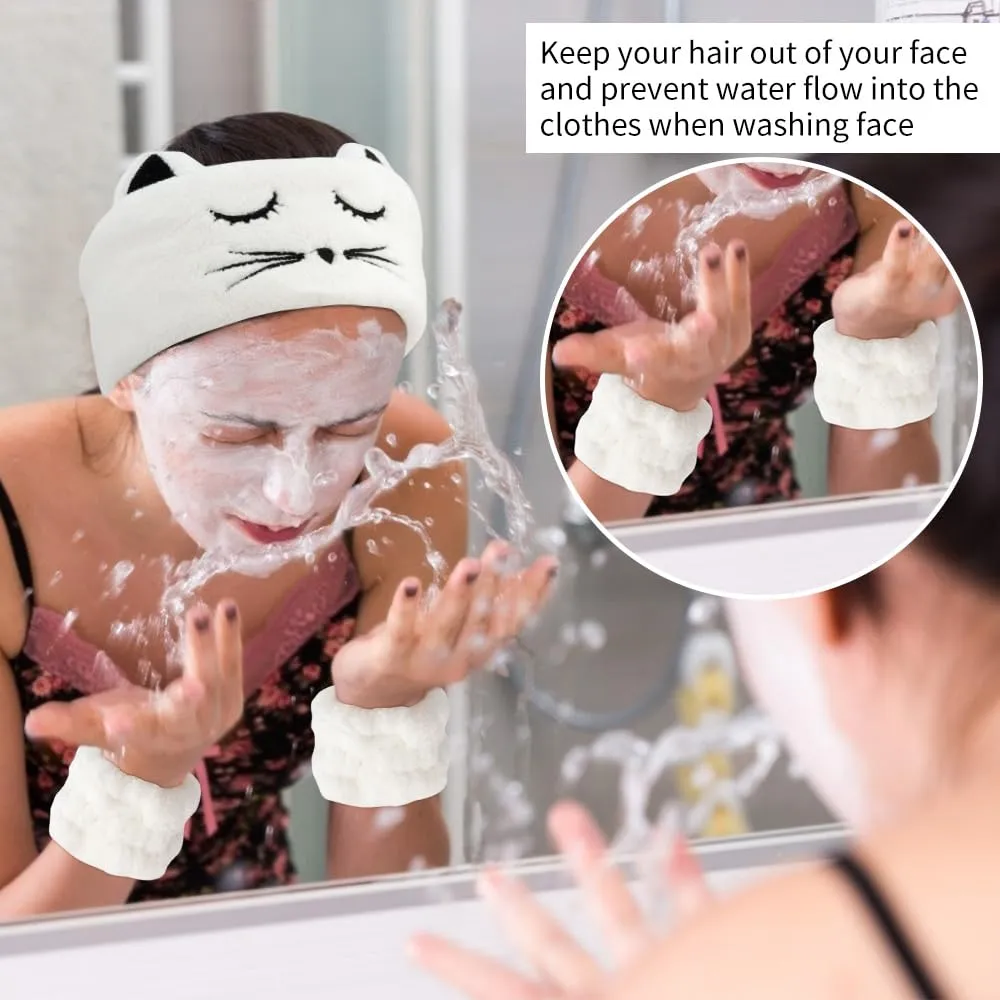 AHONEY Face Washing Headband Wristbands Set, Cute Animals Makeup Spa Skincare Headbands for Washing Face Bath Headband for Women Girls Elastic Hair Band Makeup Party (White&Brown)