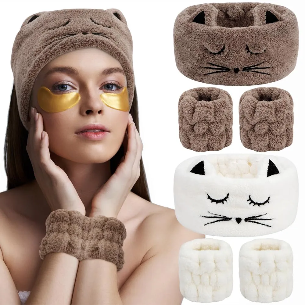 AHONEY Face Washing Headband Wristbands Set, Cute Animals Makeup Spa Skincare Headbands for Washing Face Bath Headband for Women Girls Elastic Hair Band Makeup Party (White&Brown)