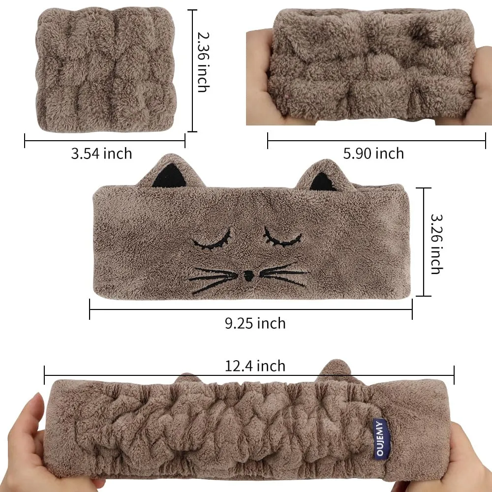 AHONEY Face Washing Headband Wristbands Set, Cute Animals Makeup Spa Skincare Headbands for Washing Face Bath Headband for Women Girls Elastic Hair Band Makeup Party (White&Brown)