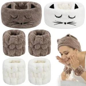 AHONEY Face Washing Headband Wristbands Set, Cute Animals Makeup Spa Skincare Headbands for Washing Face Bath Headband for Women Girls Elastic Hair Band Makeup Party (White&Brown)