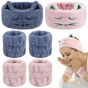 AHONEY Hairband, 6 Count (Pink & Blue) - Face Washing Wristbands and Headband Set, Cute Makeup Spa Skincare Headbands Wrist Bands for Women Girls, Elastic Hair Band, Microfiber, Adjustable