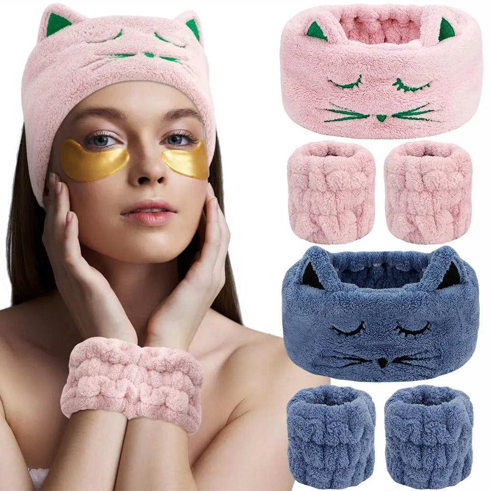 AHONEY Hairband, 6 Count (Pink & Blue) - Face Washing Wristbands and Headband Set, Cute Makeup Spa Skincare Headbands Wrist Bands for Women Girls, Elastic Hair Band, Microfiber, Adjustable