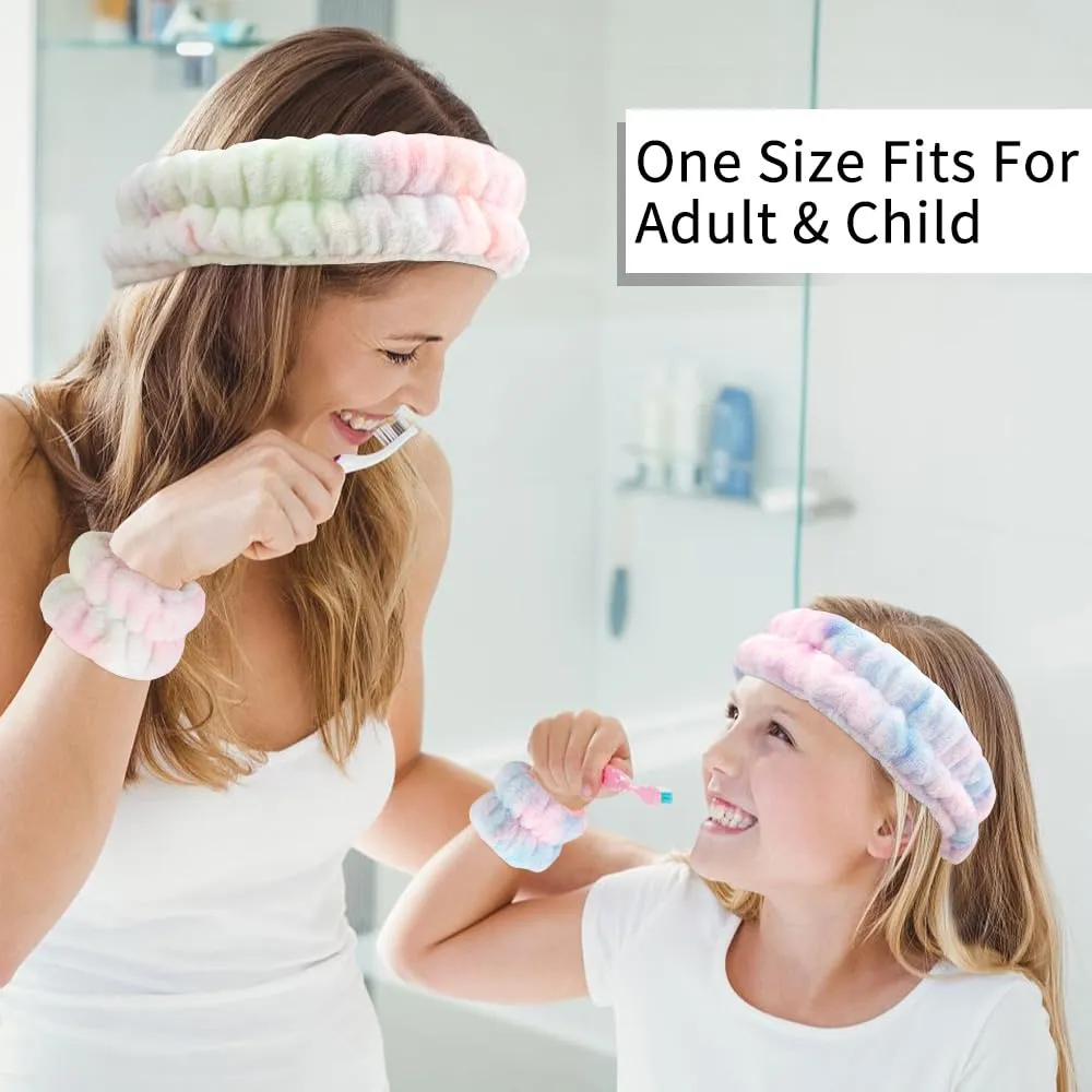 AHONEY Skincare for Teens Kids Headband Wrist Cuffs for Washing Face Wash Headbands for Girls Wome, Cute Fuzzy Tie-dye Spa Headband and Wristband Set Sleepover Accessories Teen Stuff