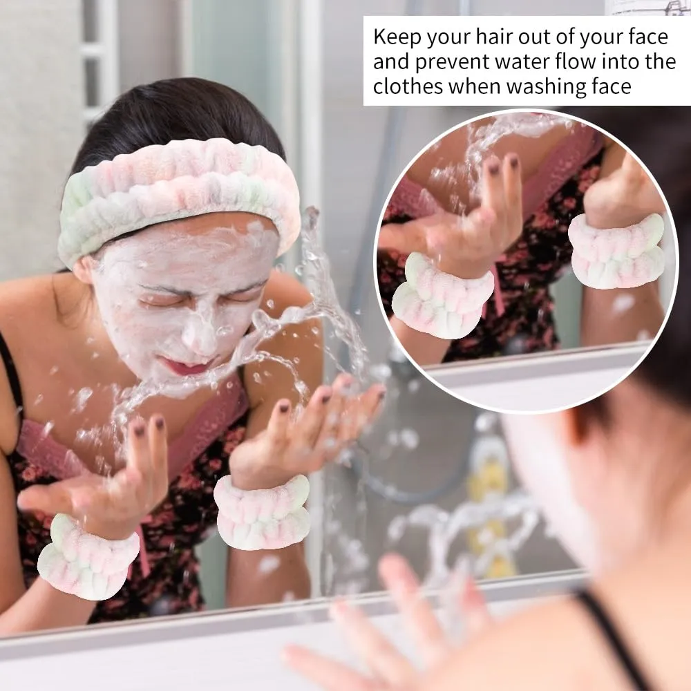 AHONEY Skincare for Teens Kids Headband Wrist Cuffs for Washing Face Wash Headbands for Girls Wome, Cute Fuzzy Tie-dye Spa Headband and Wristband Set Sleepover Accessories Teen Stuff