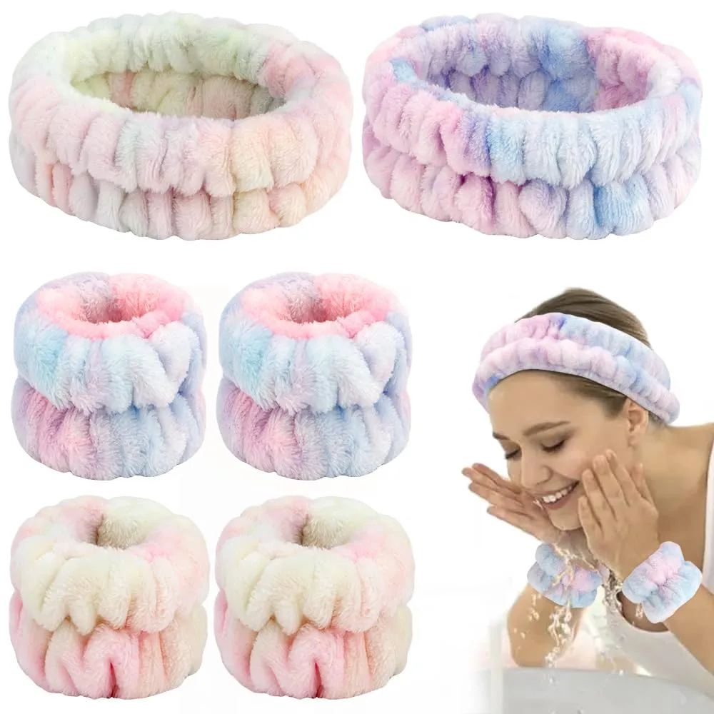 AHONEY Skincare for Teens Kids Headband Wrist Cuffs for Washing Face Wash Headbands for Girls Wome, Cute Fuzzy Tie-dye Spa Headband and Wristband Set Sleepover Accessories Teen Stuff