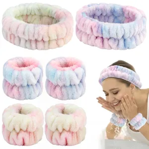 AHONEY Skincare for Teens Kids Headband Wrist Cuffs for Washing Face Wash Headbands for Girls Wome, Cute Fuzzy Tie-dye Spa Headband and Wristband Set Sleepover Accessories Teen Stuff