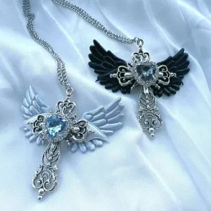 Alight on Angel Wings      Goth  Cross Necklace Dark Academia Kawaii Academia Y2K Cottagecore Coquette Fairycore Dollette Princesscore