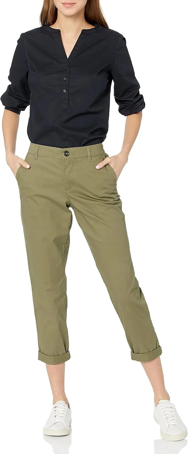 Amazon Essentials Women's Mid-Rise Slim-Fit Stretchy Cropped Tapered Leg Khaki Dress Pants (Available in Plus Size)