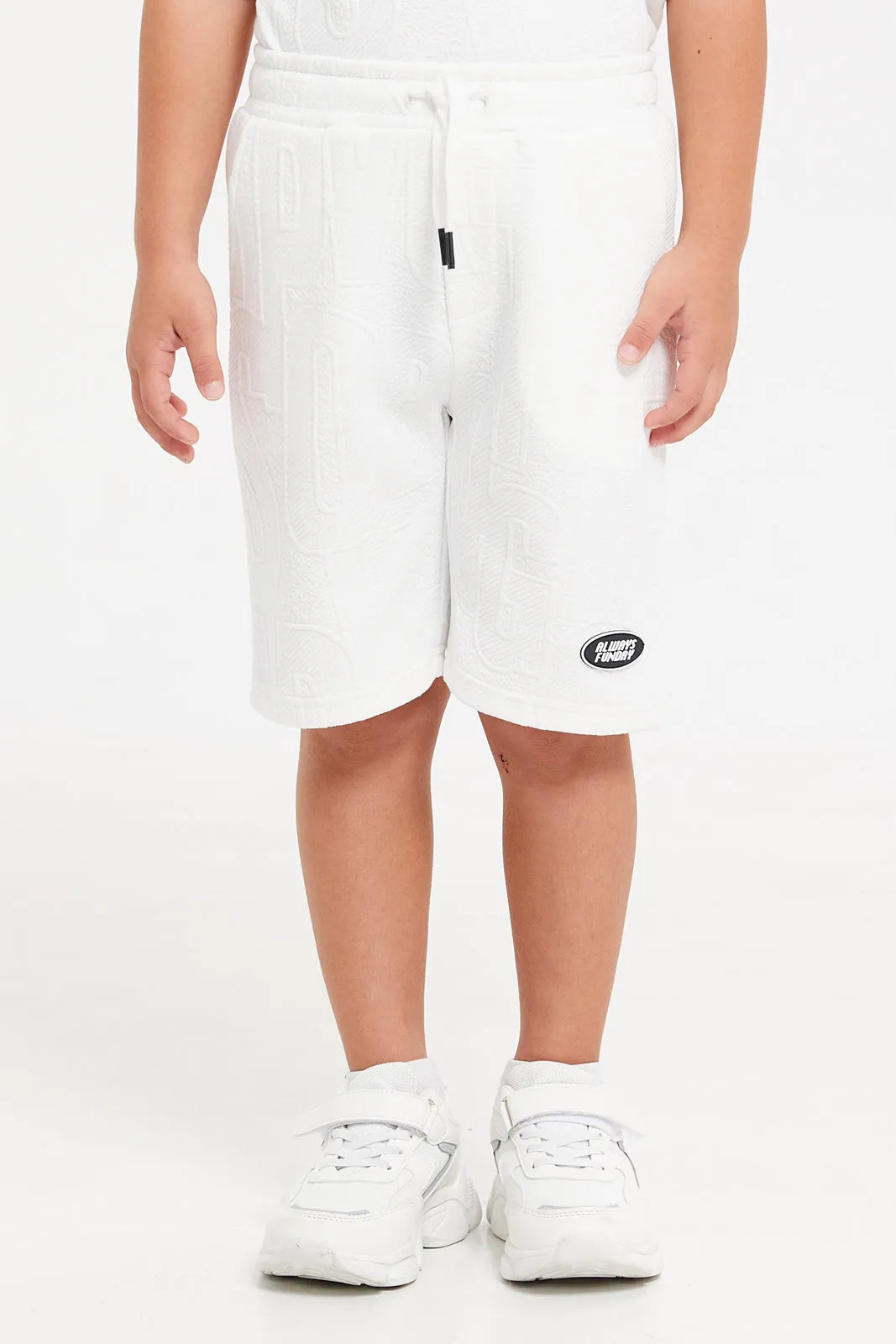 Boys White Embossed T-Shirt And Shorts Set (2 Piece)