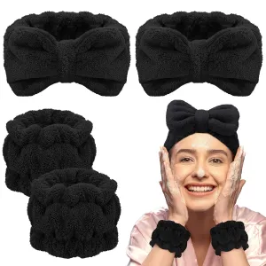 Chuangdi 4 Pcs Microfiber Headband Spa Wristbands and Wrist Bands for Washing Face Cuffs Towel Wristbands Hair Headband Face Wash Cuffs for Women Makeup(Black)