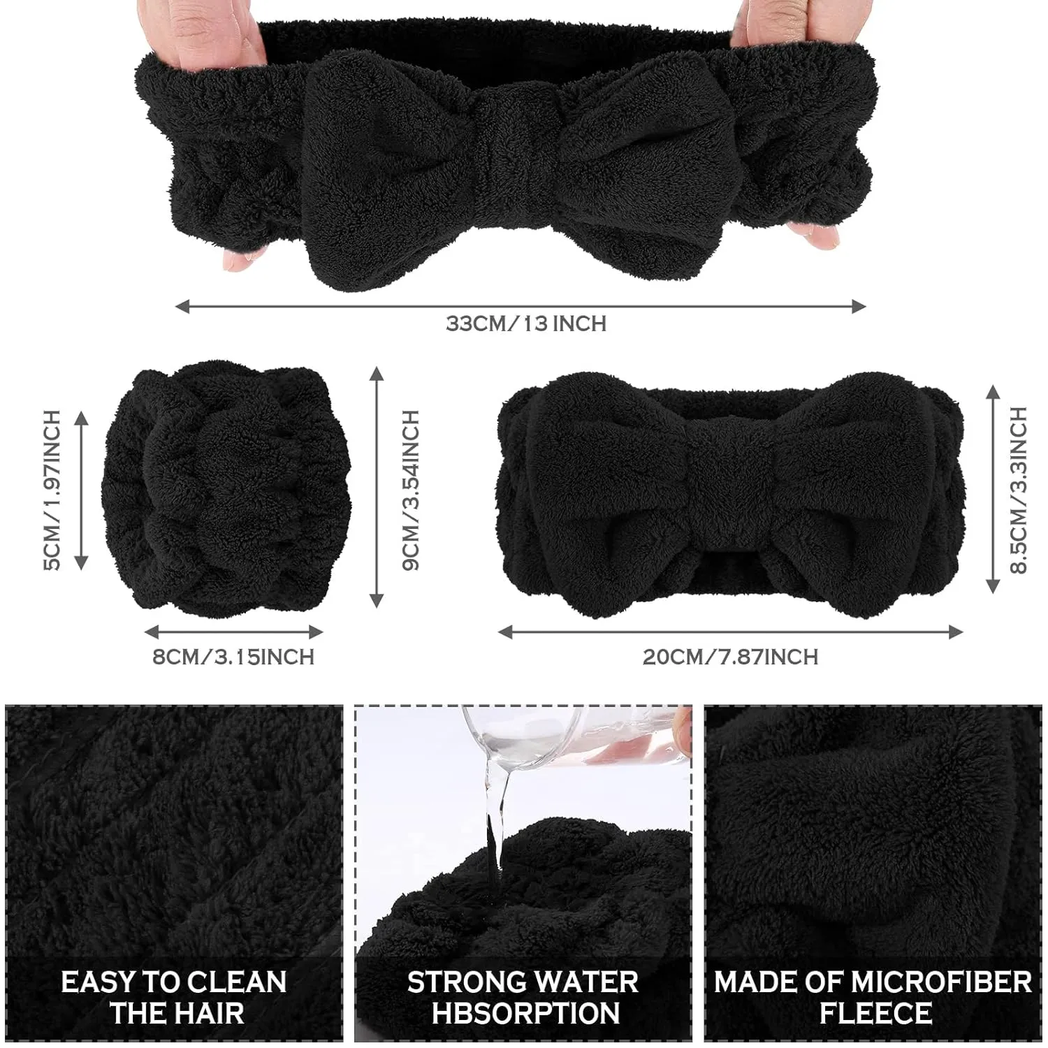 Chuangdi 4 Pcs Microfiber Headband Spa Wristbands and Wrist Bands for Washing Face Cuffs Towel Wristbands Hair Headband Face Wash Cuffs for Women Makeup(Black)