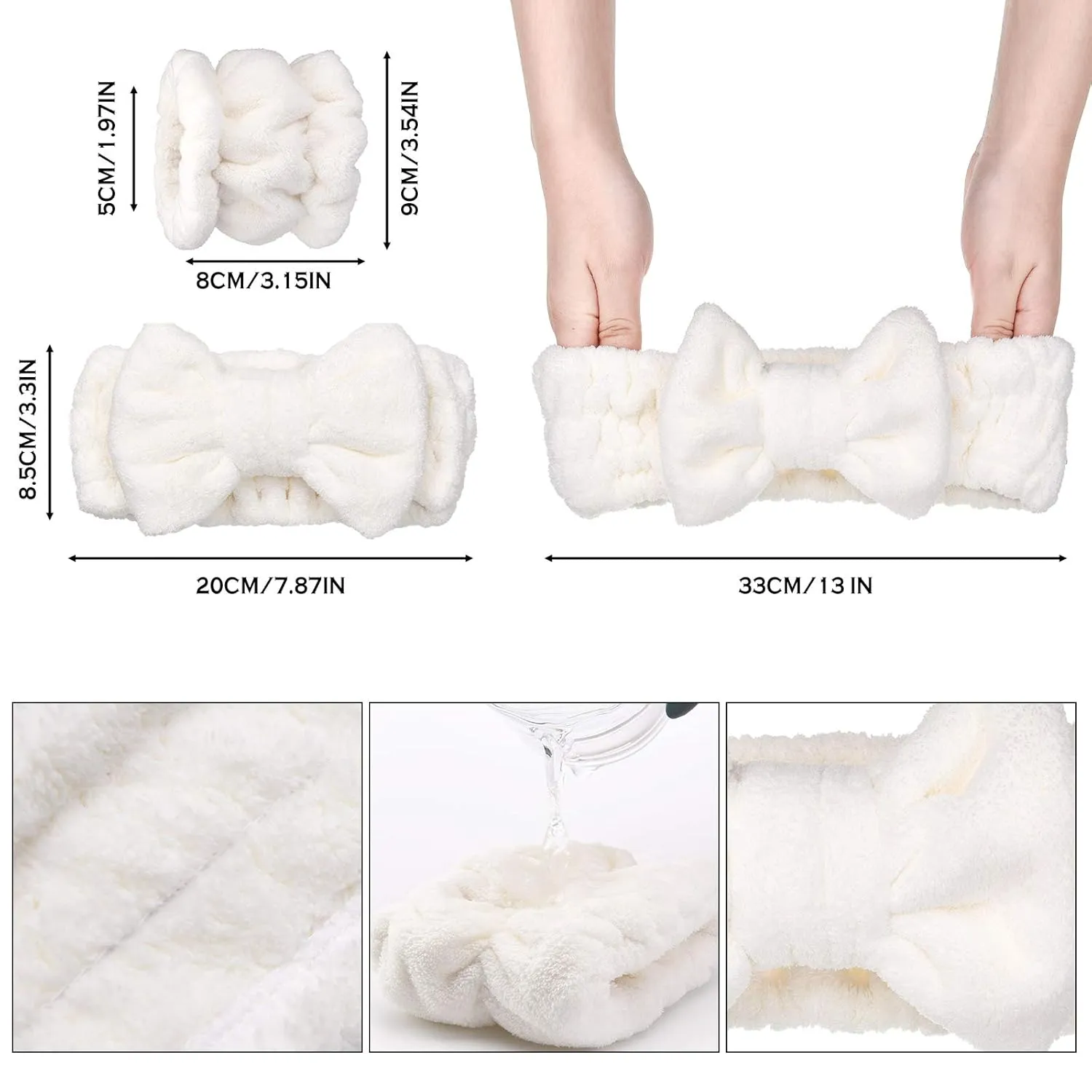 Chuangdi 4 Pcs Microfiber Headband Spa Wristbands and Wrist Bands for Washing Face Cuffs Towel Wristbands Hair Headband Face Wash Cuffs for Women Makeup(White)
