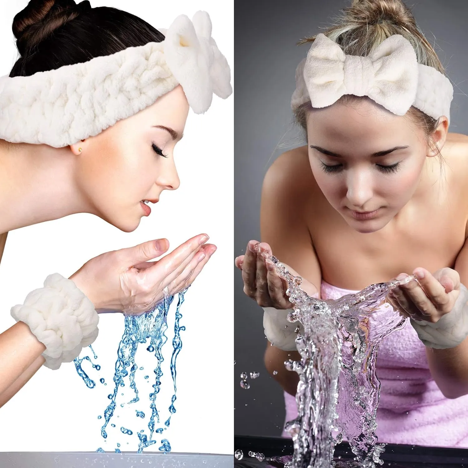 Chuangdi 4 Pcs Microfiber Headband Spa Wristbands and Wrist Bands for Washing Face Cuffs Towel Wristbands Hair Headband Face Wash Cuffs for Women Makeup(White)