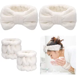 Chuangdi 4 Pcs Microfiber Headband Spa Wristbands and Wrist Bands for Washing Face Cuffs Towel Wristbands Hair Headband Face Wash Cuffs for Women Makeup(White)