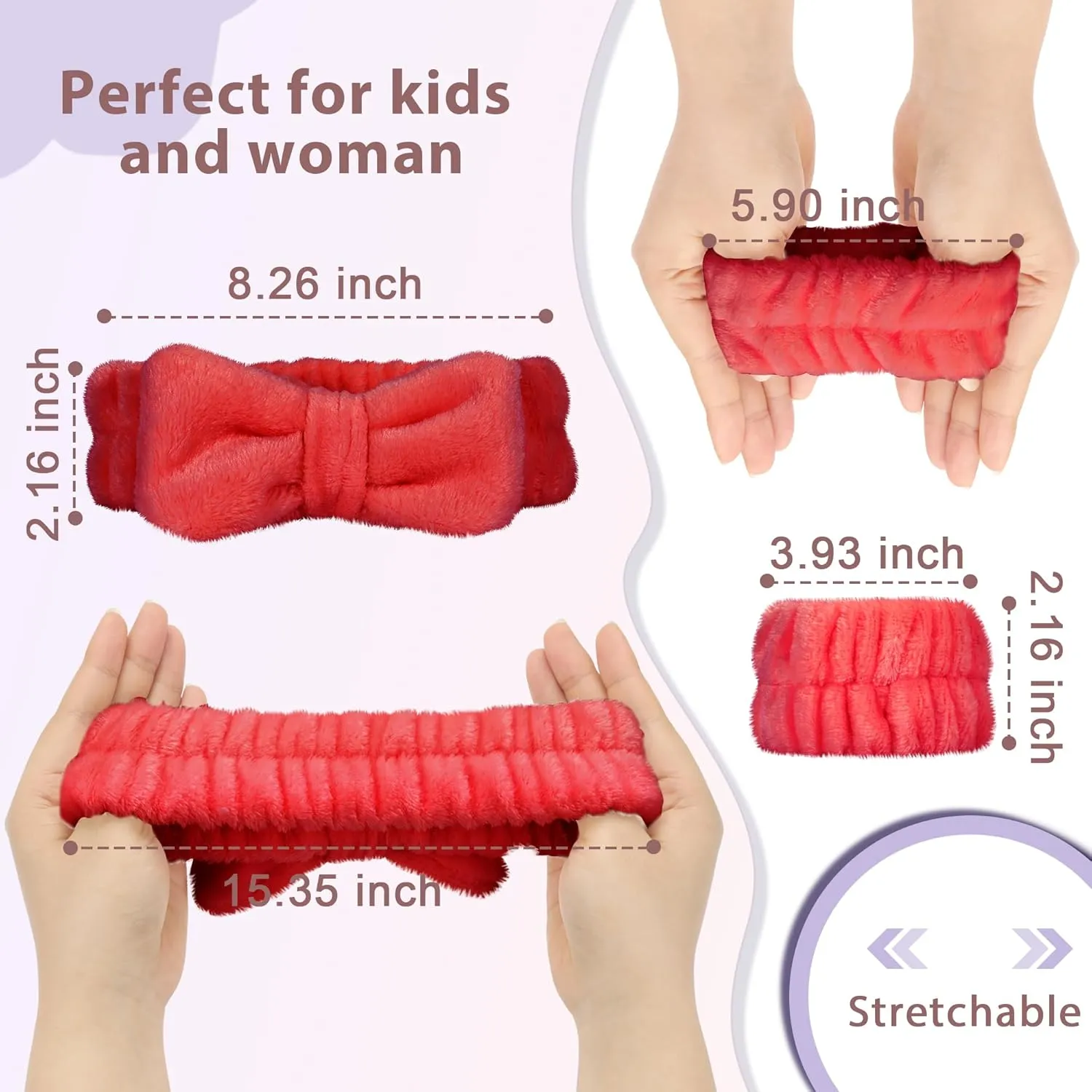 Crosize 7 Pack Cute Spa Skin Care Hairband and Wristband Set for Women, Red, Microfiber, for Makeup, Face Wash, Mask, Exercise, Showering