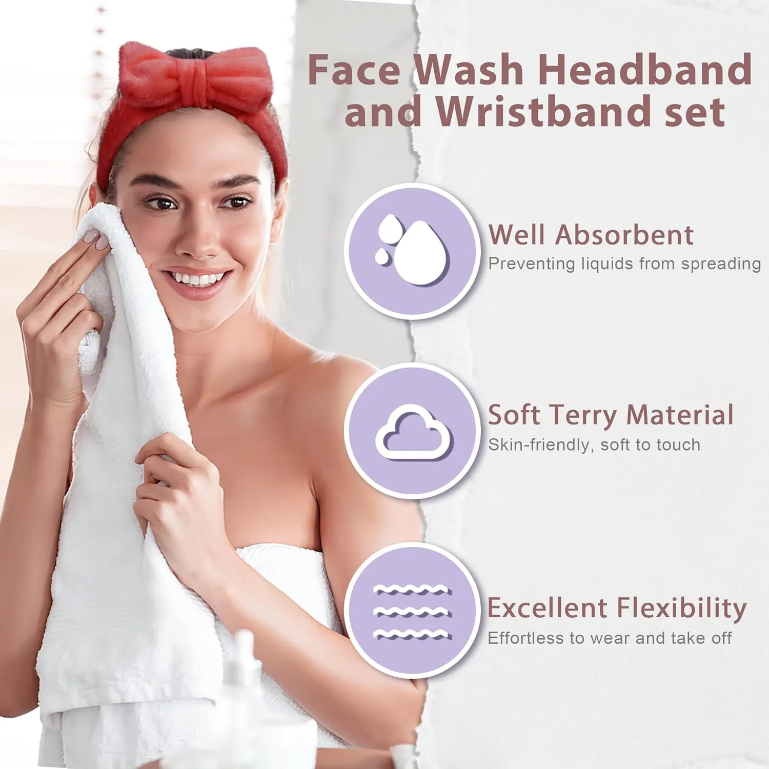 Crosize 7 Pack Cute Spa Skin Care Hairband and Wristband Set for Women, Red, Microfiber, for Makeup, Face Wash, Mask, Exercise, Showering
