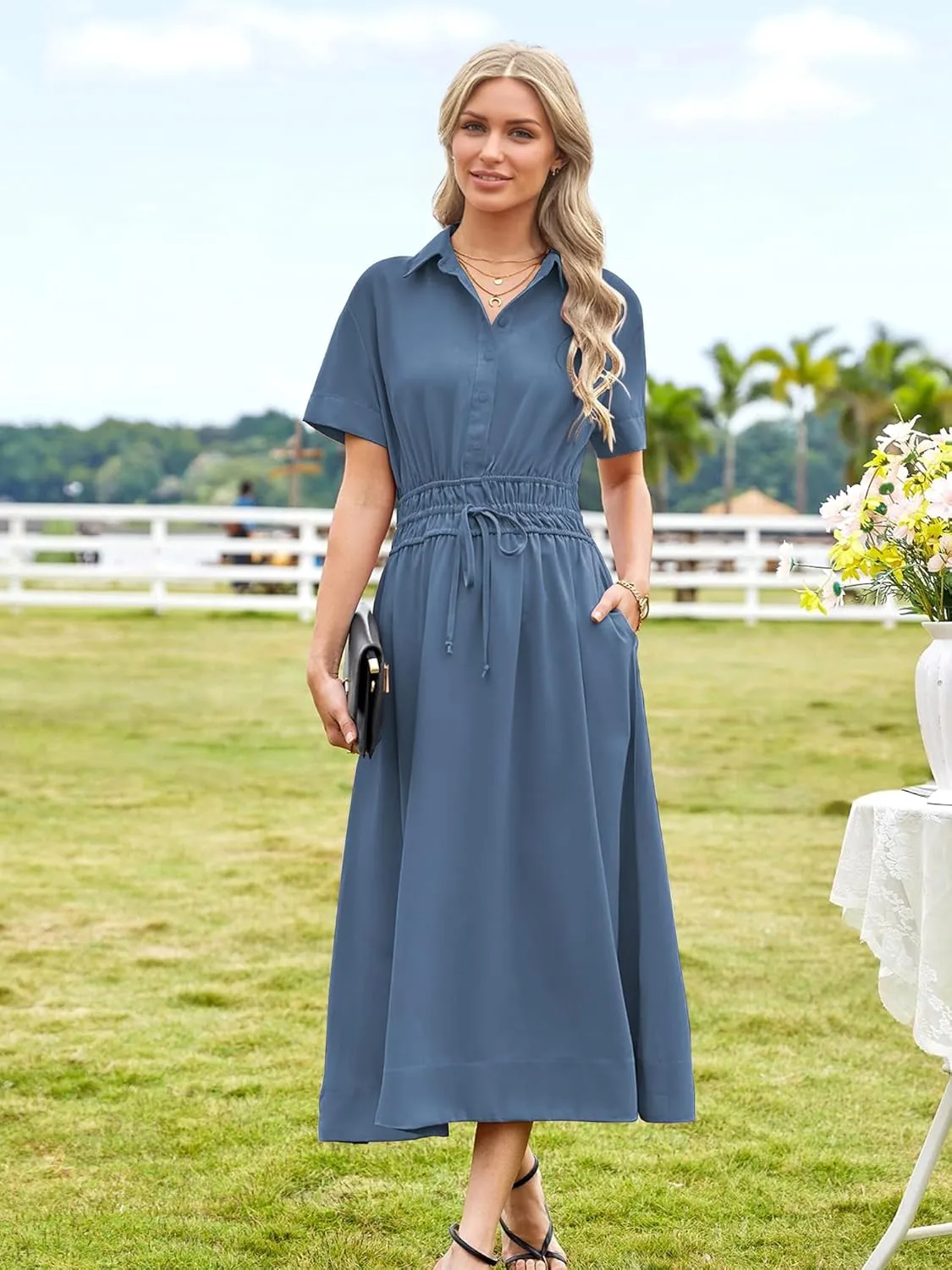 ECOWISH Womens Midi Dress Short Sleeve V Neck Button Front Casual Flowy A-Line Shirt Dresses with Pockets for Summer Spring