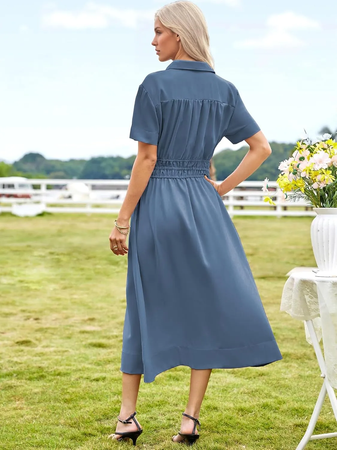 ECOWISH Womens Midi Dress Short Sleeve V Neck Button Front Casual Flowy A-Line Shirt Dresses with Pockets for Summer Spring