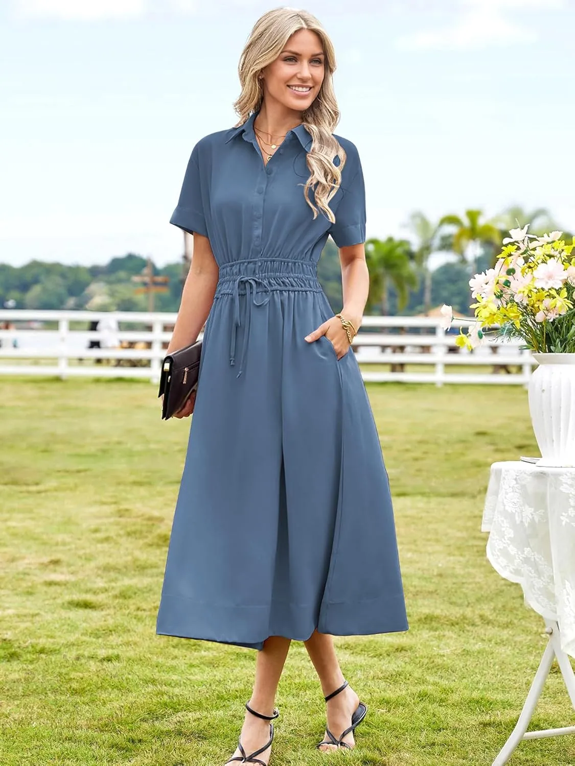 ECOWISH Womens Midi Dress Short Sleeve V Neck Button Front Casual Flowy A-Line Shirt Dresses with Pockets for Summer Spring