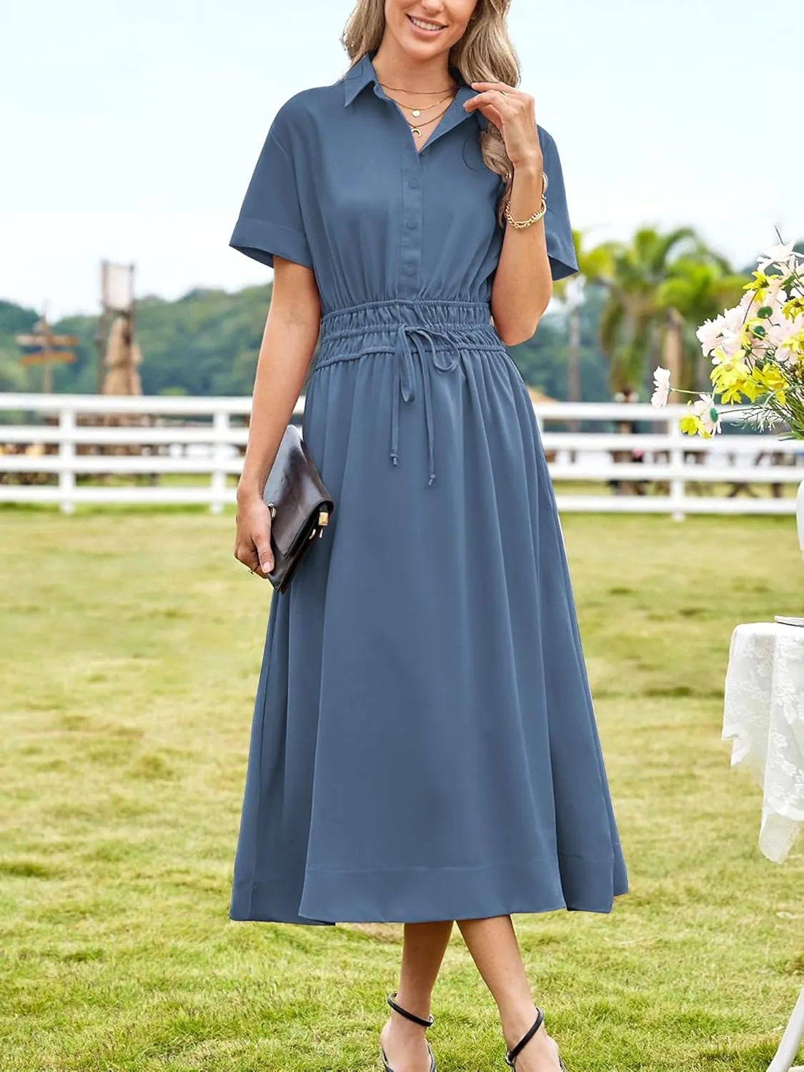ECOWISH Womens Midi Dress Short Sleeve V Neck Button Front Casual Flowy A-Line Shirt Dresses with Pockets for Summer Spring