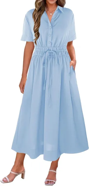 ECOWISH Womens Midi Dress Short Sleeve V Neck Button Front Casual Flowy A-Line Shirt Dresses with Pockets for Summer Spring