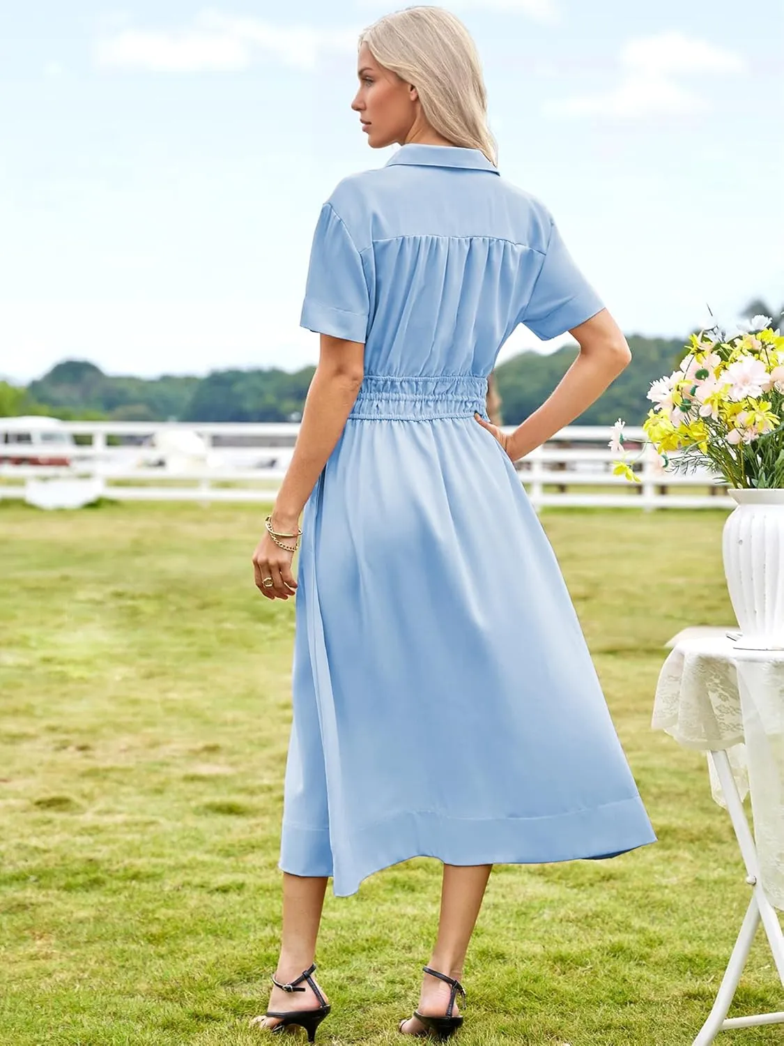 ECOWISH Womens Midi Dress Short Sleeve V Neck Button Front Casual Flowy A-Line Shirt Dresses with Pockets for Summer Spring