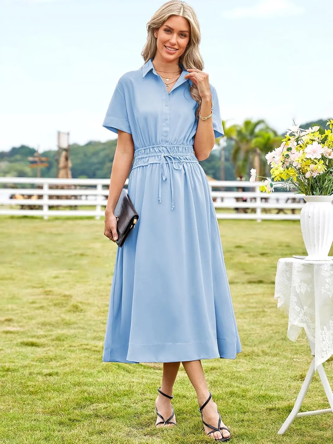 ECOWISH Womens Midi Dress Short Sleeve V Neck Button Front Casual Flowy A-Line Shirt Dresses with Pockets for Summer Spring