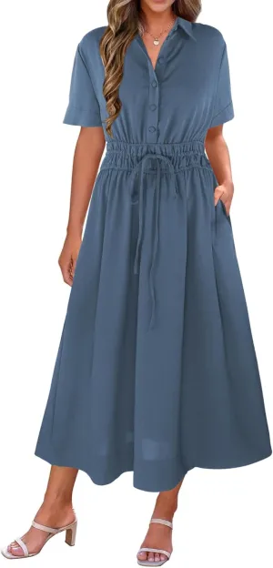 ECOWISH Womens Midi Dress Short Sleeve V Neck Button Front Casual Flowy A-Line Shirt Dresses with Pockets for Summer Spring