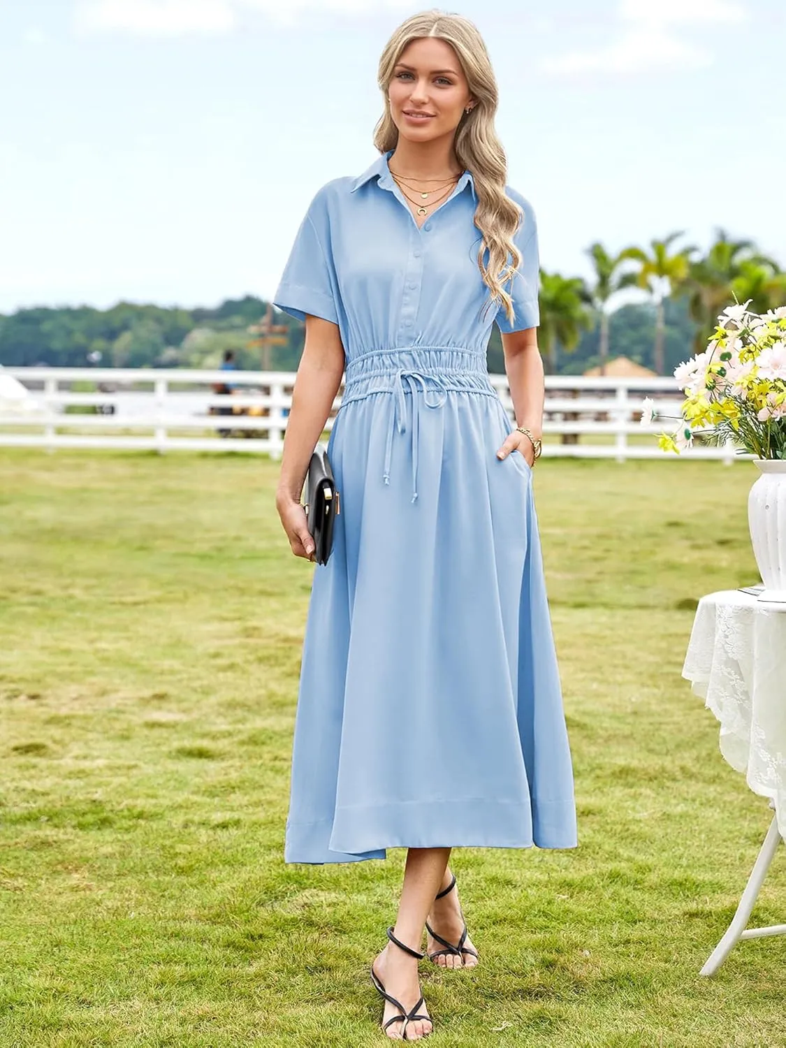 ECOWISH Womens Midi Dress Short Sleeve V Neck Button Front Casual Flowy A-Line Shirt Dresses with Pockets for Summer Spring