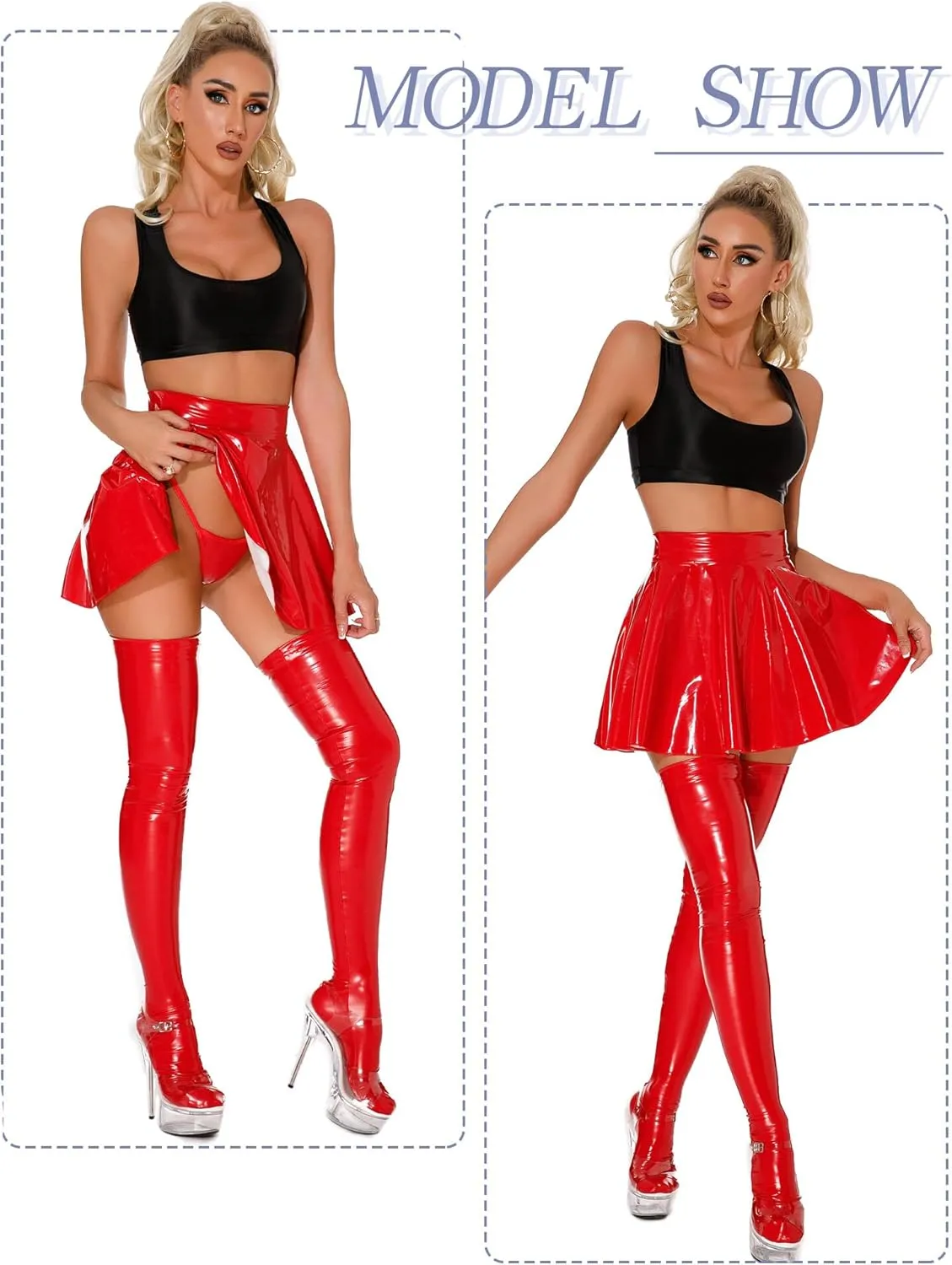 FEOYA Women Leather Bodycon Dress Long Sleeve Front Zip Shiny Lingerie Patent Metallic Clubwear