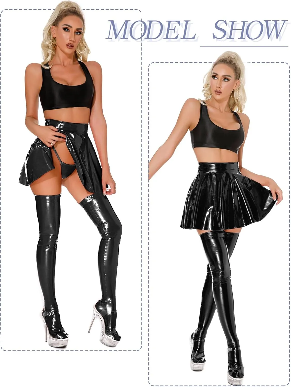 FEOYA Women Leather Bodycon Dress Long Sleeve Front Zip Shiny Lingerie Patent Metallic Clubwear
