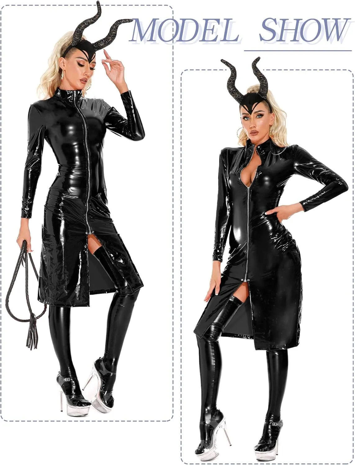 FEOYA Women Leather Bodycon Dress Long Sleeve Front Zip Shiny Lingerie Patent Metallic Clubwear