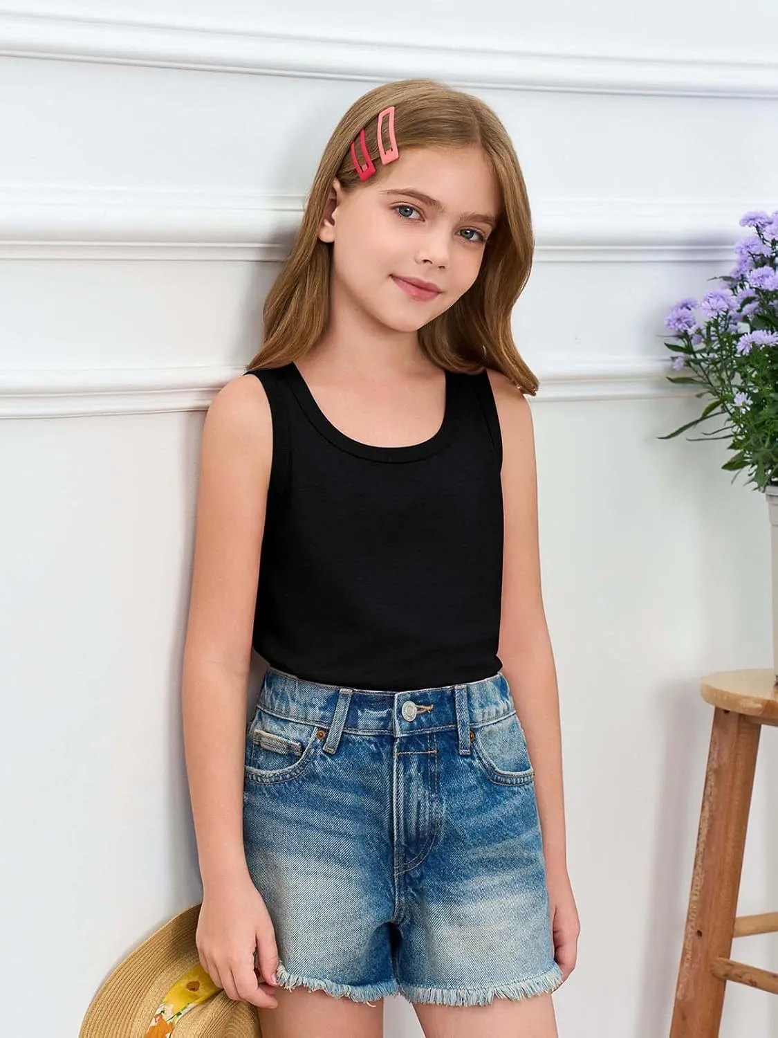 Haloumoning Girls Tank Tops Kids Summer Crewneck Sleeveless Shirts Dancewear 5-14 Years
