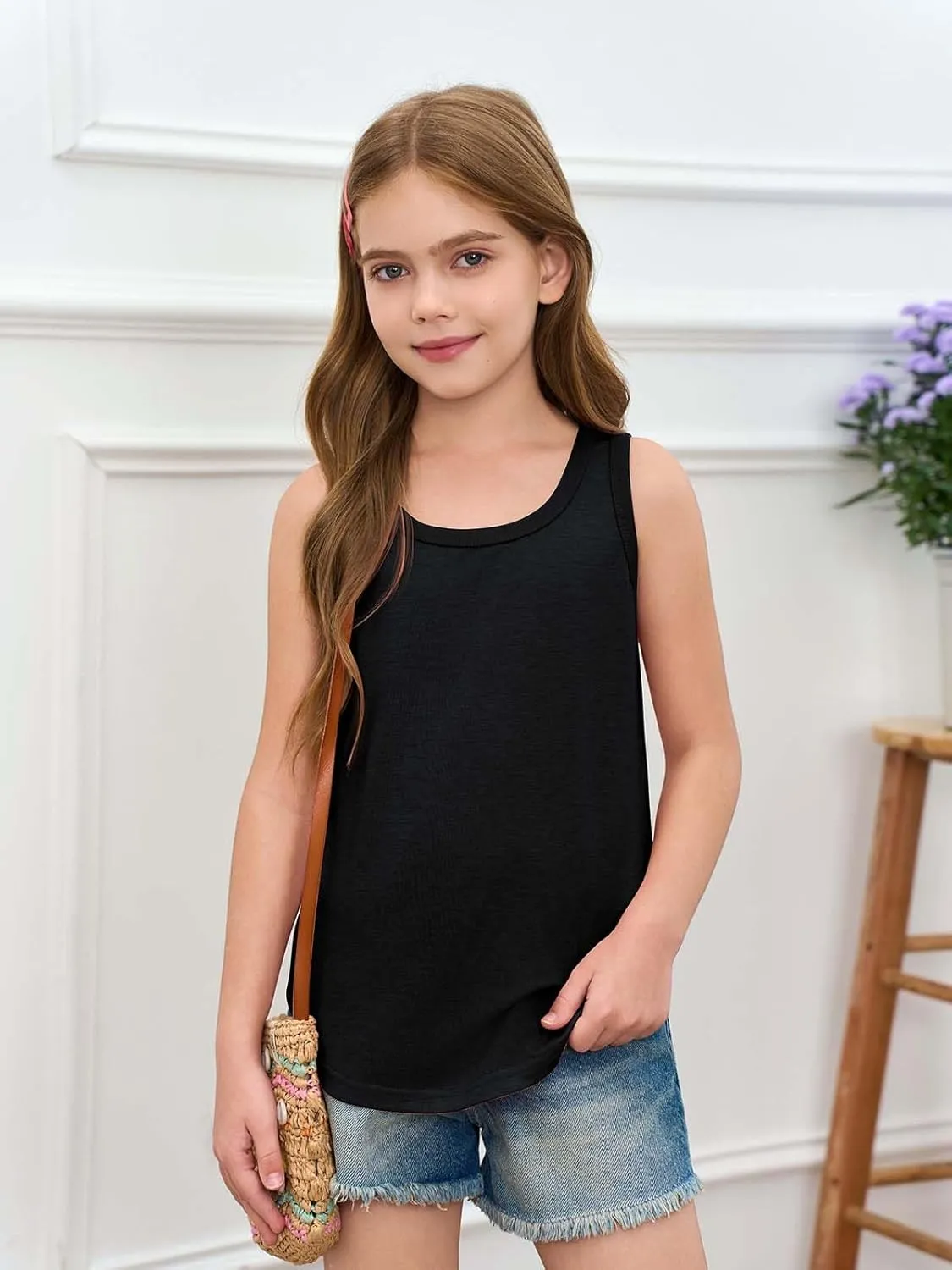 Haloumoning Girls Tank Tops Kids Summer Crewneck Sleeveless Shirts Dancewear 5-14 Years