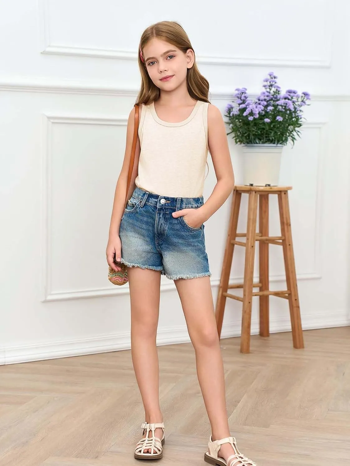 Haloumoning Girls Tank Tops Kids Summer Crewneck Sleeveless Shirts Dancewear 5-14 Years