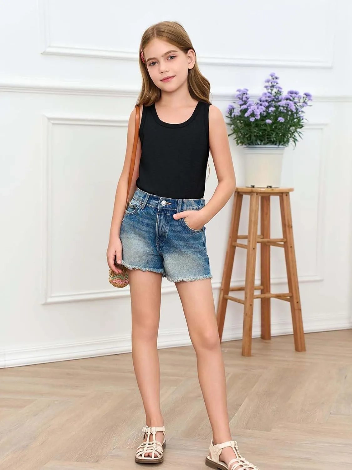 Haloumoning Girls Tank Tops Kids Summer Crewneck Sleeveless Shirts Dancewear 5-14 Years