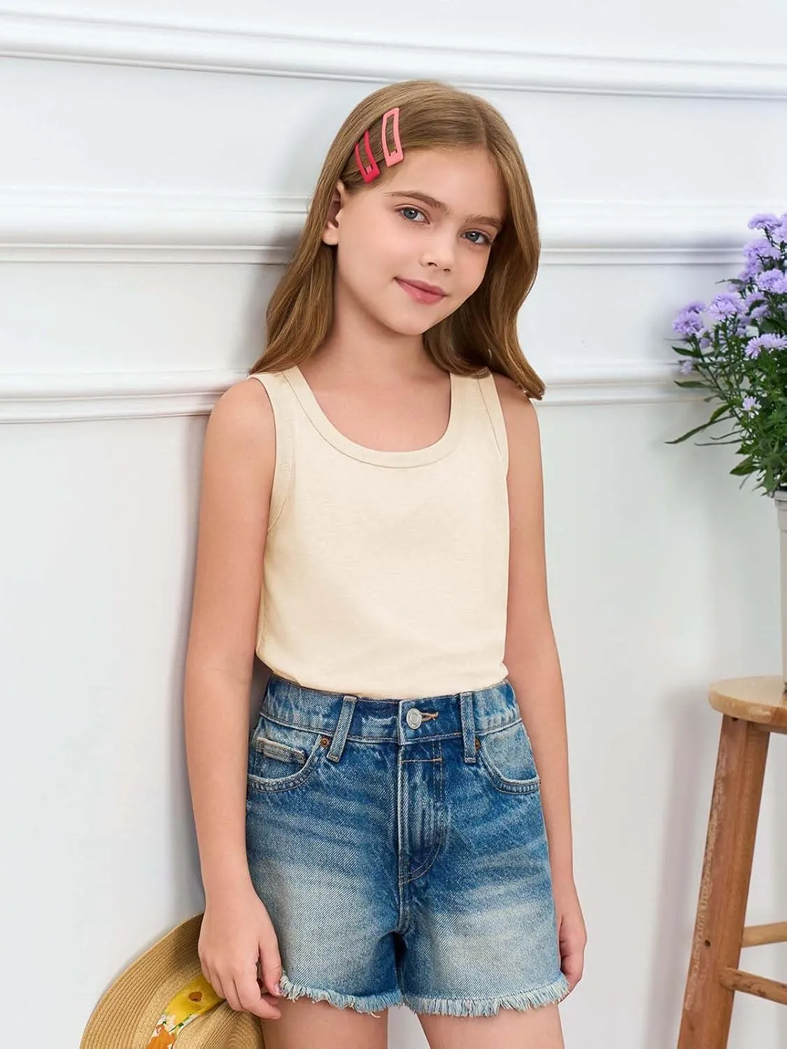 Haloumoning Girls Tank Tops Kids Summer Crewneck Sleeveless Shirts Dancewear 5-14 Years