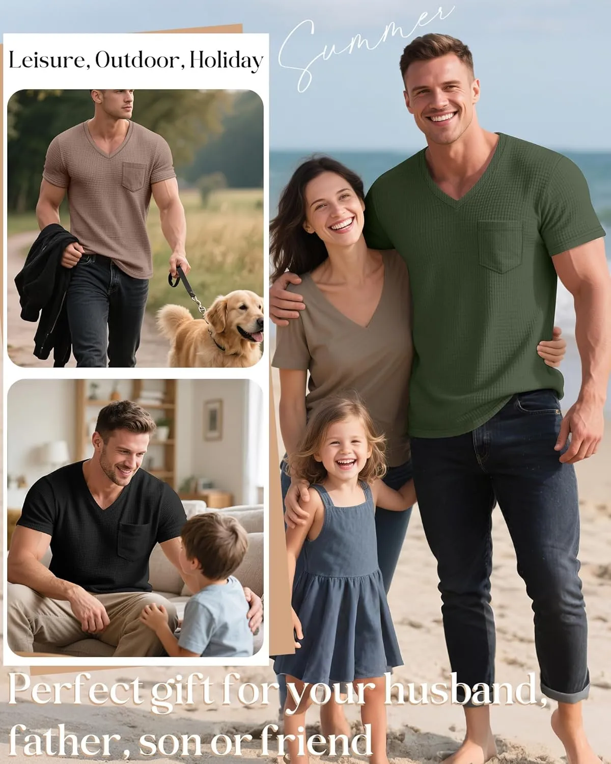 Huukeay 3 Pack Men's Waffle Shirts V Neck Tee with Pocket Short Sleeve Textured Knitted Summer Casual Basic Tops