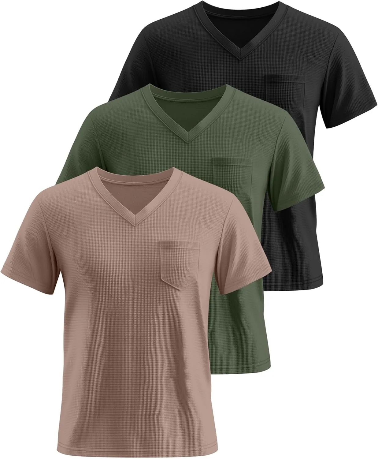 Huukeay 3 Pack Men's Waffle Shirts V Neck Tee with Pocket Short Sleeve Textured Knitted Summer Casual Basic Tops