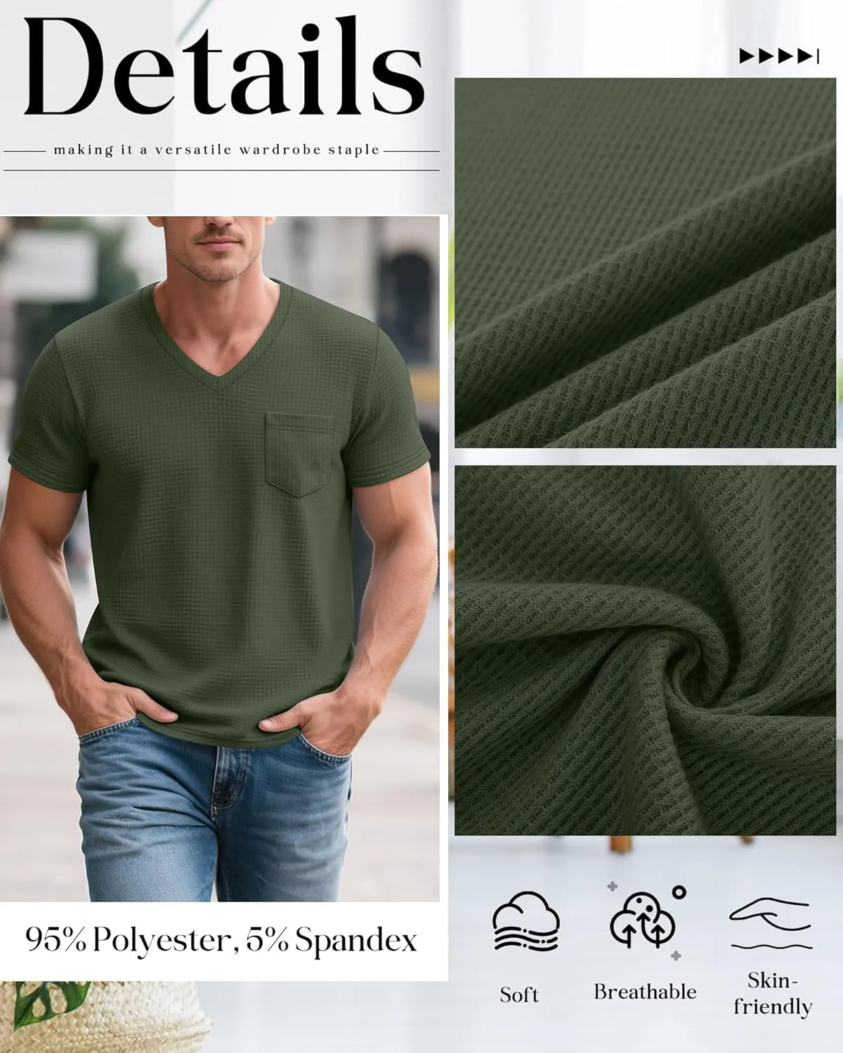 Huukeay 3 Pack Men's Waffle Shirts V Neck Tee with Pocket Short Sleeve Textured Knitted Summer Casual Basic Tops