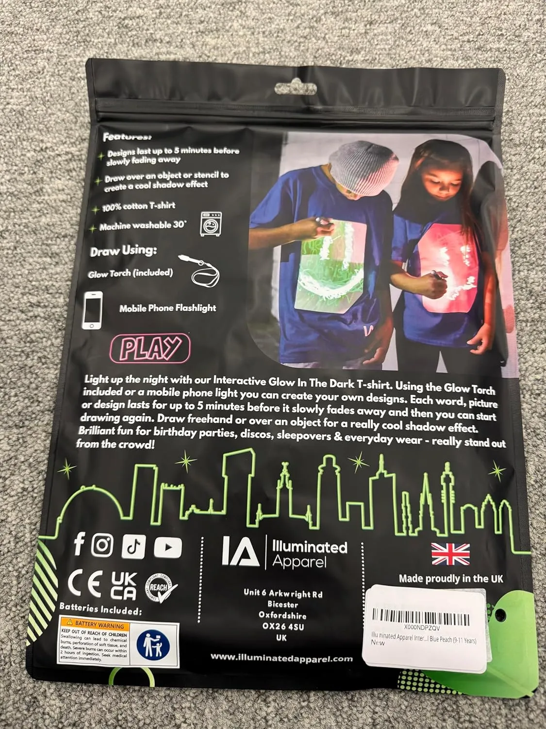 Illuminated Apparel Original Interactive Glow in The Dark T-Shirt - Fun for Birthday Parties & Festivals