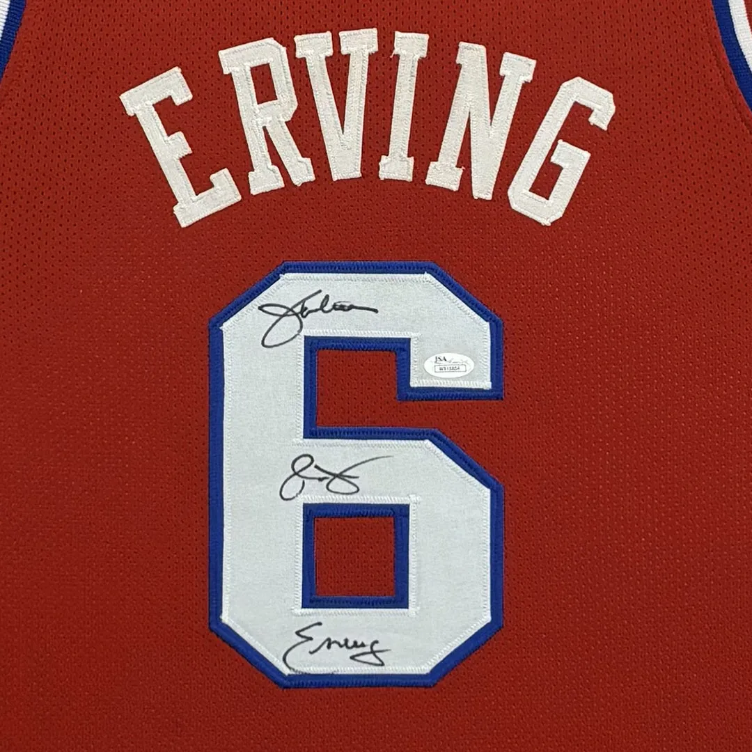 Julius "Dr J" Erving Signed Philadelphia Red Custom Suede Matte Framed Basketball Jersey