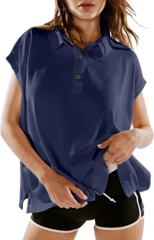 LASLULU Women's Polo Shirts Short Sleeve Oversized T Shirts Summer Casual Work Workout Gym Hiking Tops