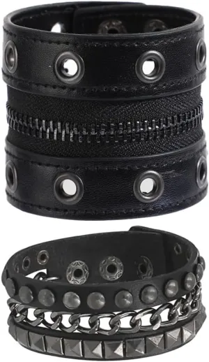 Leather Zipper Bracelet, Punk Charm Cuff Wristbands, Gothic PU Leather Bracelets for Women Men
