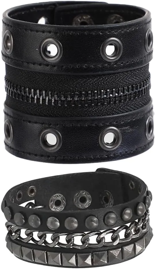 Leather Zipper Bracelet, Punk Charm Cuff Wristbands, Gothic PU Leather Bracelets for Women Men