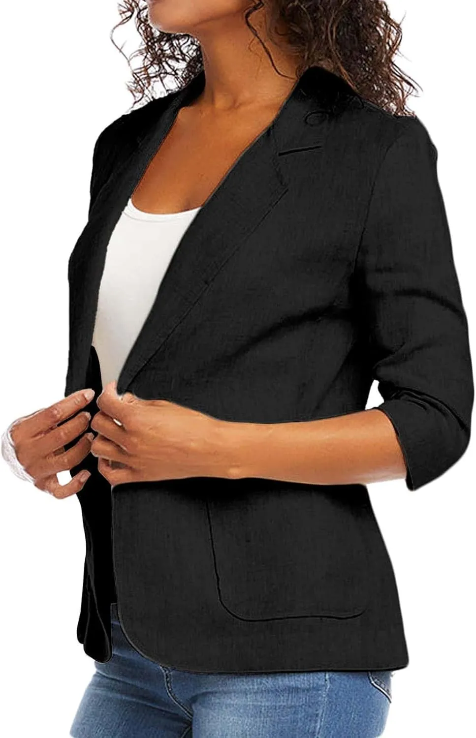 Linen Blazer Women Summer Lightweight Button 3/4 Sleeve Blazers for Women Business Casual Suit Jacket with Pockets