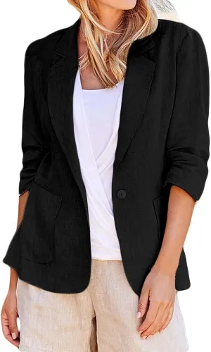 Linen Blazer Women Summer Lightweight Button 3/4 Sleeve Blazers for Women Business Casual Suit Jacket with Pockets