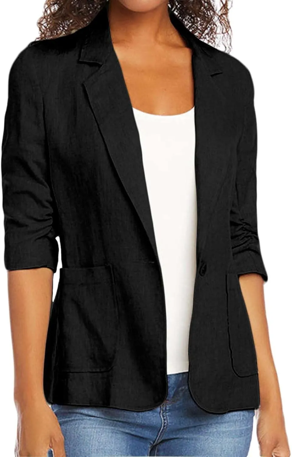 Linen Blazer Women Summer Lightweight Button 3/4 Sleeve Blazers for Women Business Casual Suit Jacket with Pockets