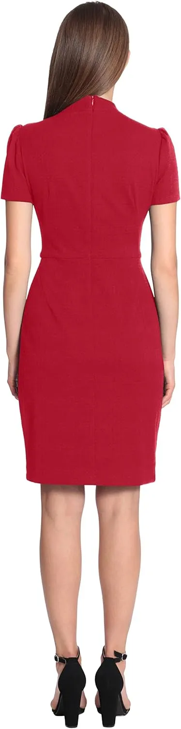 Maggy London Women's Midi Short Sleeve Sheath with Neck Tie Career Office Work Wear